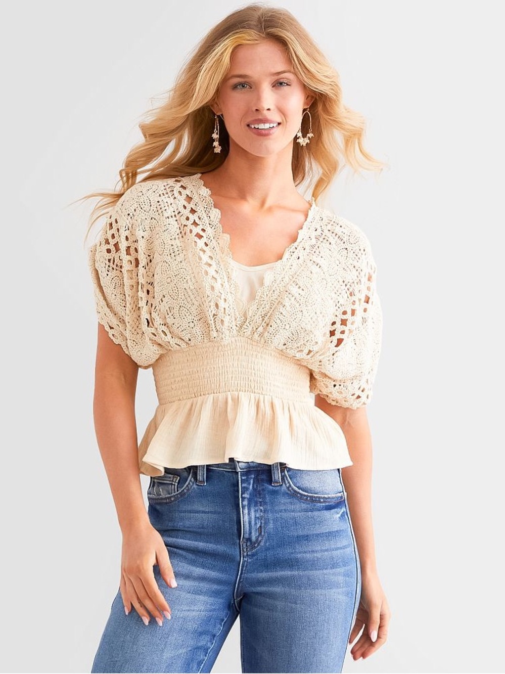 Miss Me / Crochet Peplum Smocked Waist Top - Cream - LG